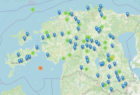 Eesti kaart ürituste asukohamärgistega.